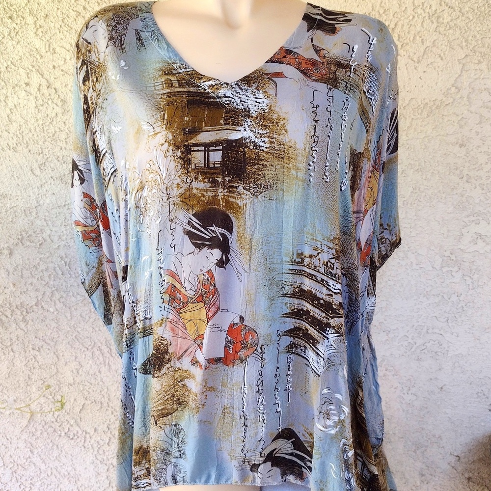 Tunic Style Geisha Print Top by Tianello in Grey & Brown / Size Small / As-Is